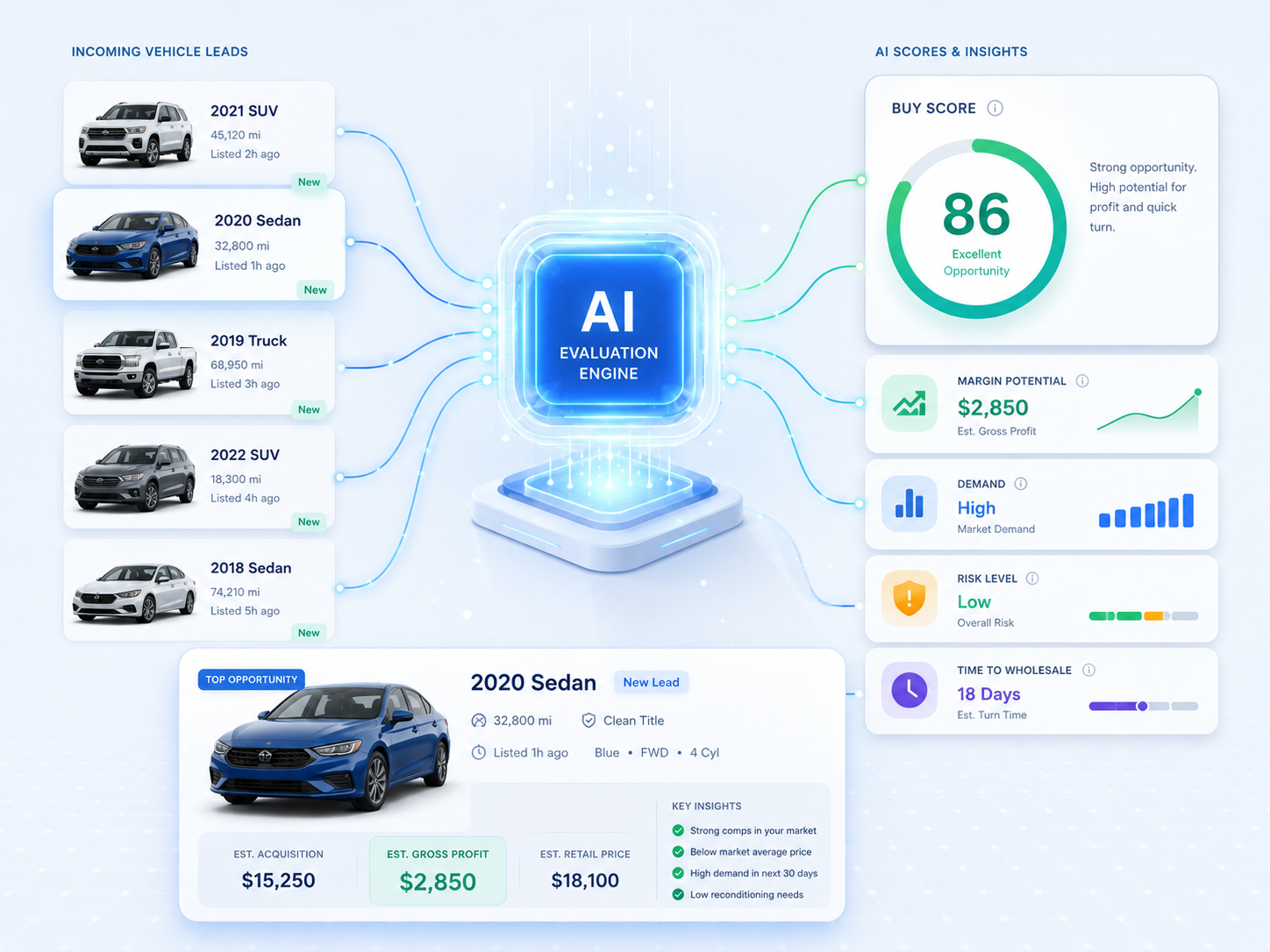 DealerScout AI evaluation engine turning incoming vehicle listings into buy scores, margin estimates, demand and risk levels